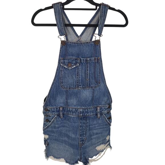 American Eagle Shortall's XS Womens Overalls Medium Wash Distressed Bottoms - Picture 1 of 5
